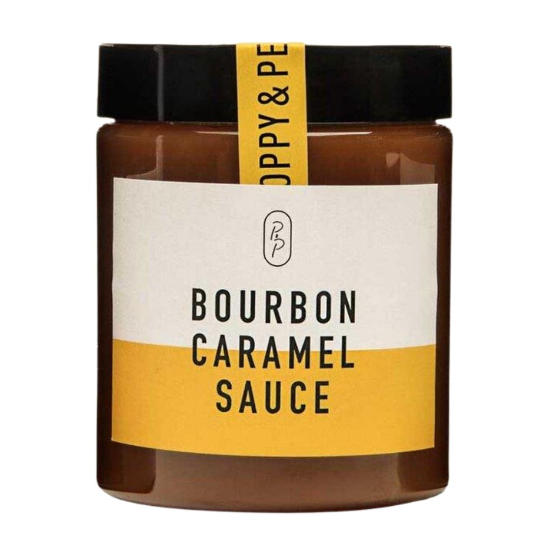 Jar of bourbon flavored caramel sauce from Poppy & Peep. 