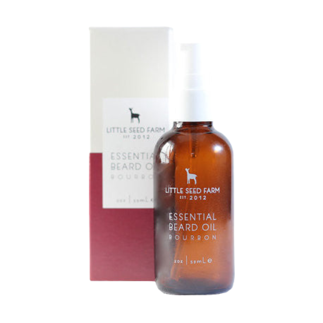 2 oz of Bourbon Scented Beard Oil in an amber glass bottle with treatment pump.
