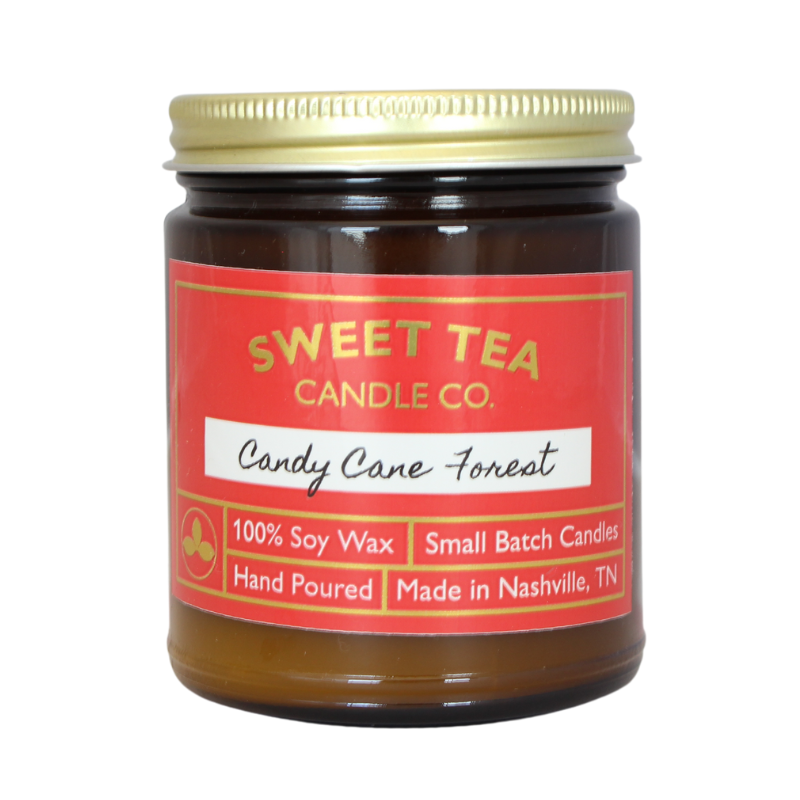 Sweet Tea Candle Company candle scented "Candy Cane Forest" that's perfect for the holidays. 100% soy wax, small batch candles, hand poured in Nashville, Tennessee.