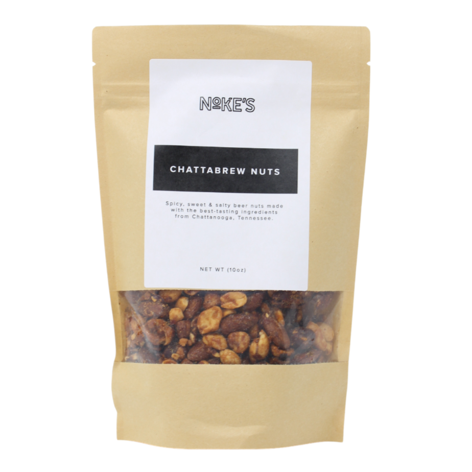 Noke's Chattabrew Nuts in a resealable bag. Has a small clear transparent side so you can see the product. Tan bag.