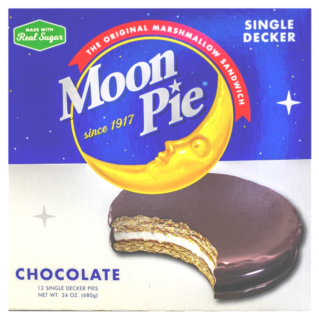 Box of 12 original chocolate moonies blue and white packaging with picture of the cookie.
