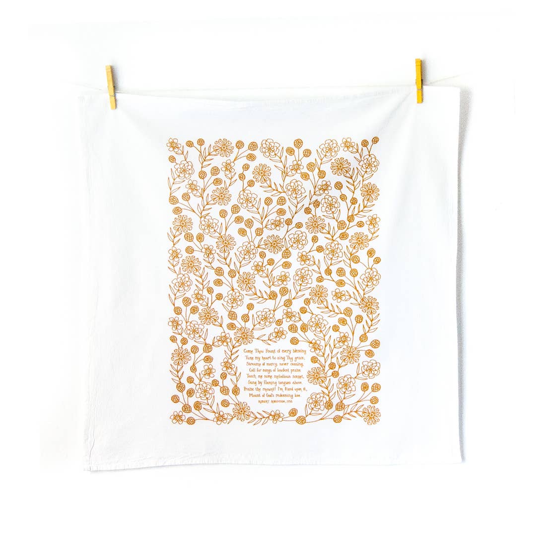 cotton kitchen towel floral design and hymn lyrics.