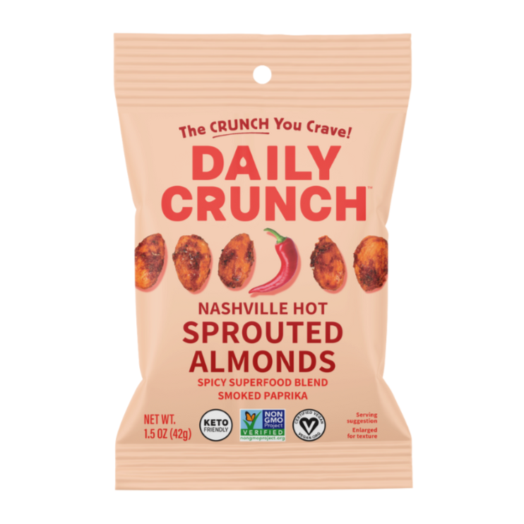 1.5 oz Daily Crunch Travel Size Flavored Nashville Hot sprouted Almonds.