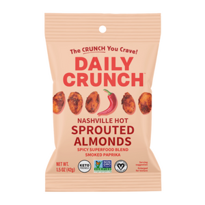 1.5 oz Daily Crunch Travel Size Flavored Nashville Hot sprouted Almonds.
