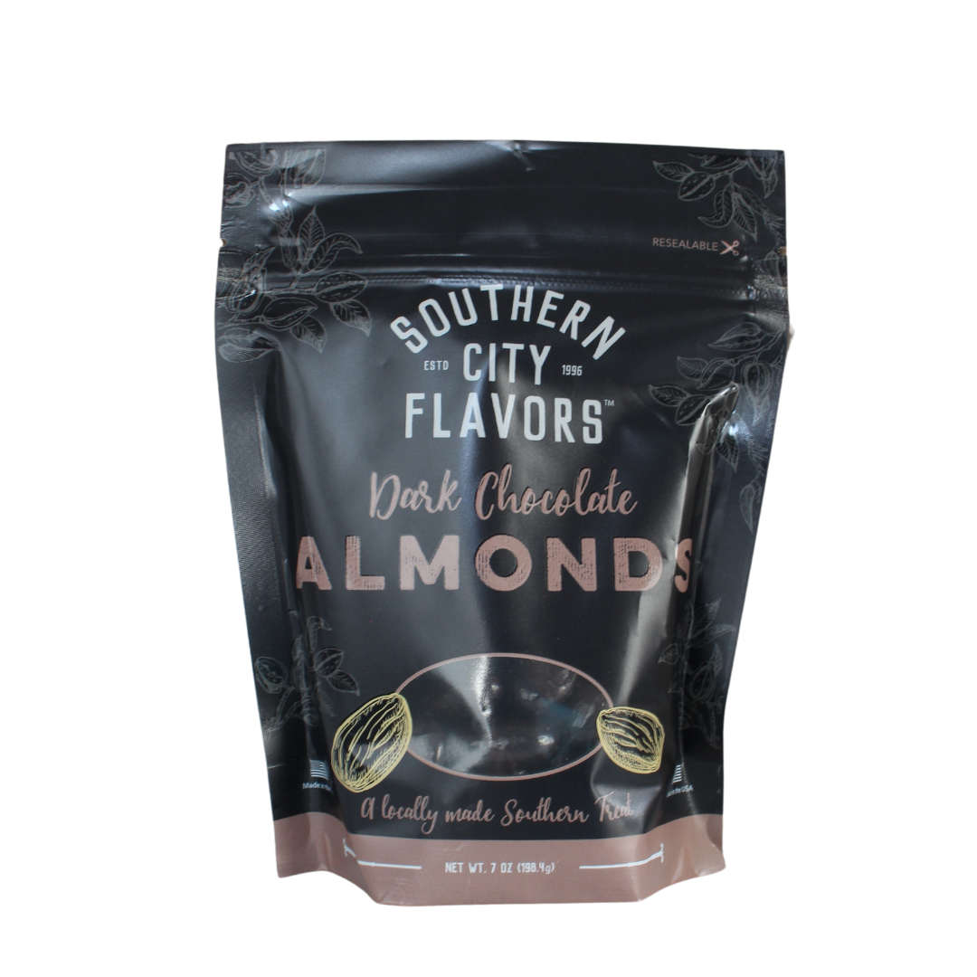 Dark Chocolate Almonds in a plastic resealable bag. Clear window to see product.