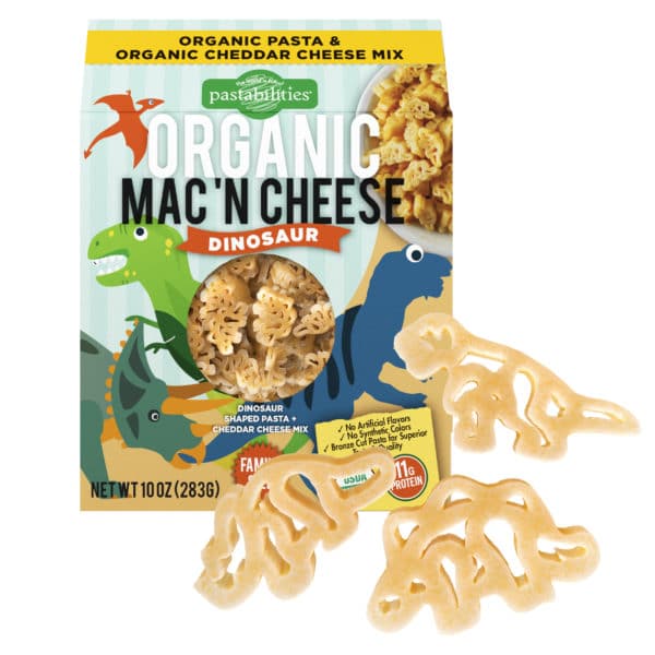 Box of organic dinosaur mac'n cheese.