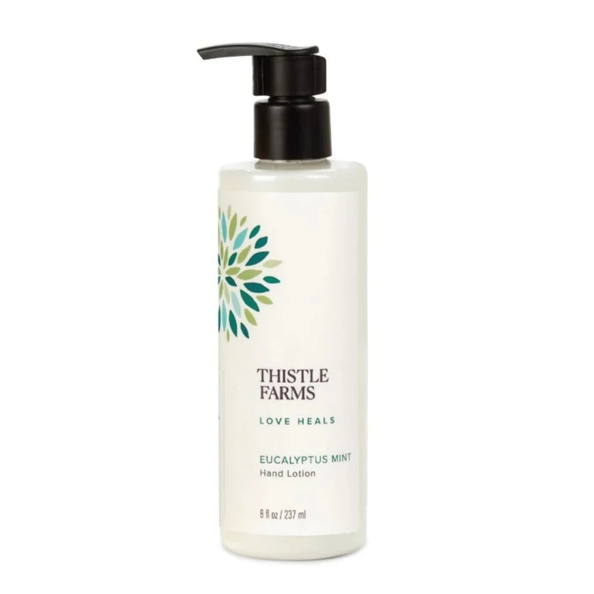 8 fl oz Eucalyptus Mint Hand Lotion in plastic bottle with pump top. 