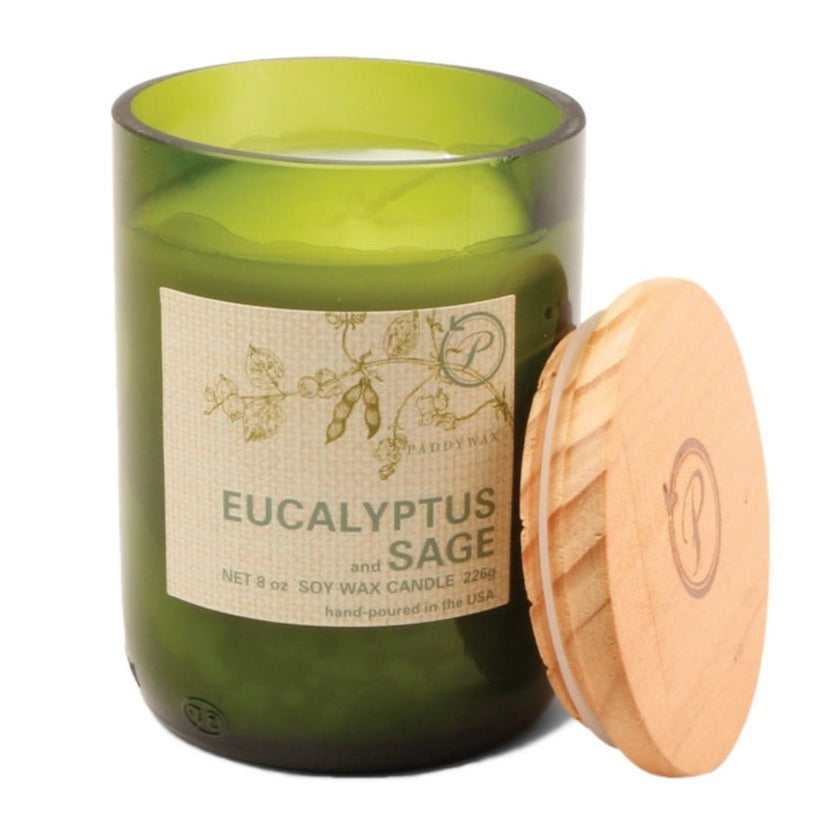 The 8 oz eco-friendly candle, Eucalyptus and Sage.