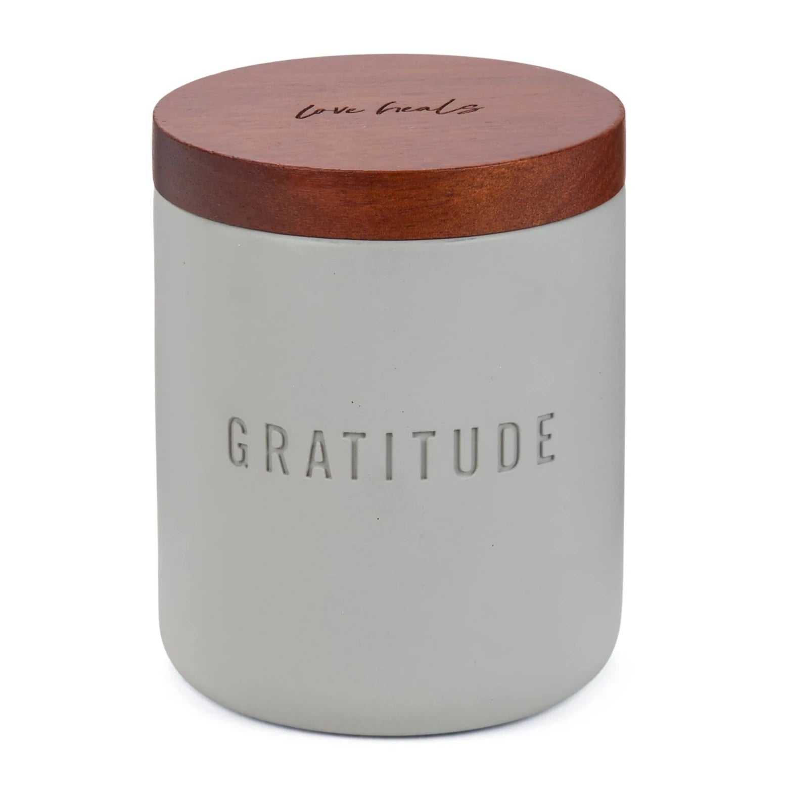 Gratitude candle in ceramic jar with wooden lid. 