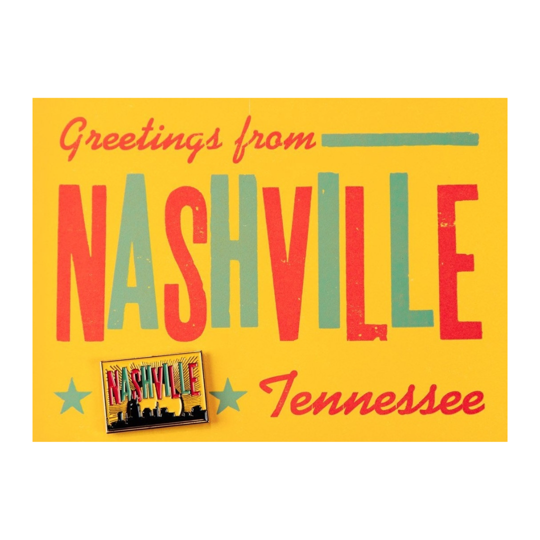 rectangle enamel pin of the Nashville Skyline.  