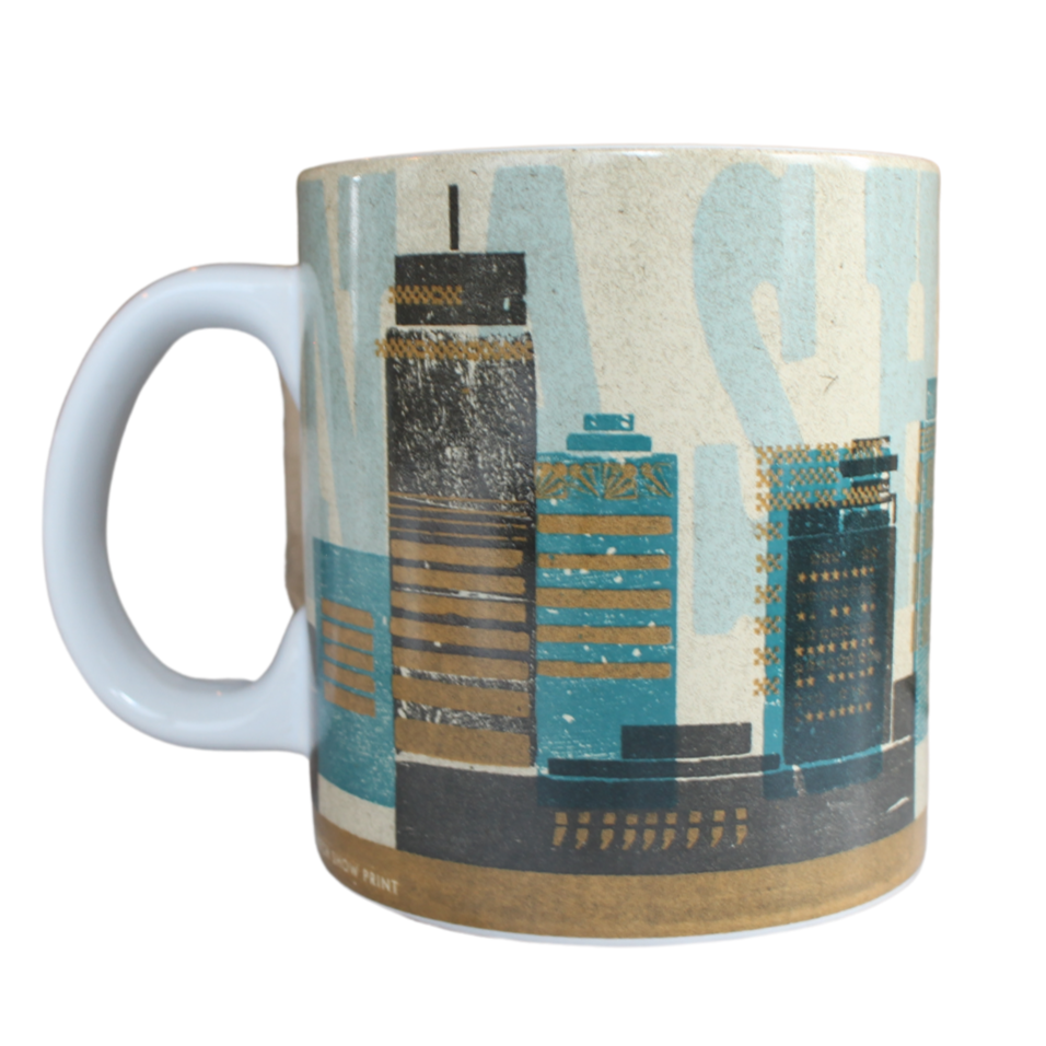 blue tone printed mug of the Nashville skyline. Wraps around the whole mug.