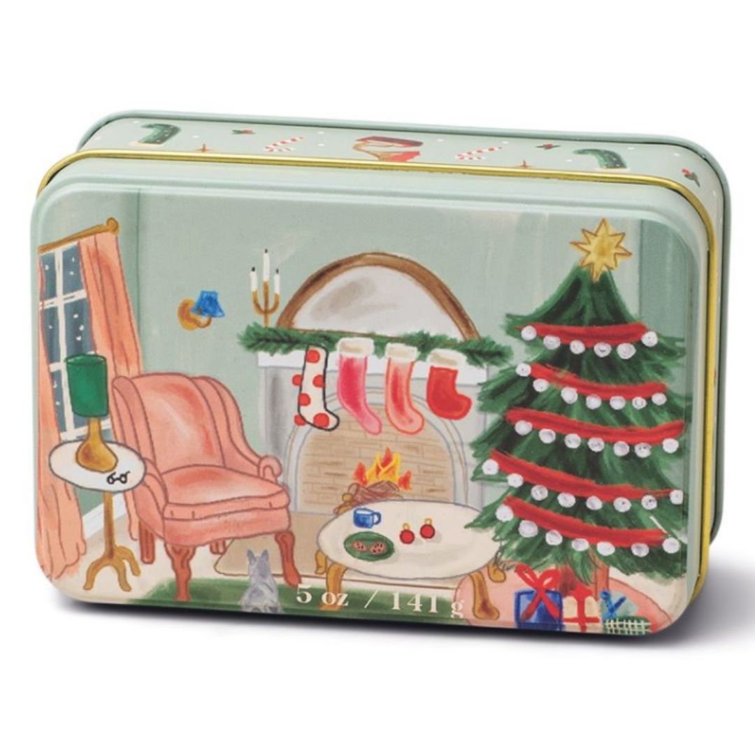5oz holiday scented tin with holiday image. 