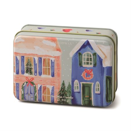 5oz holiday scented tin with holiday image. 