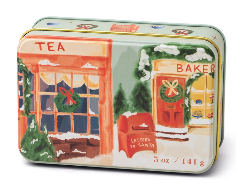 5oz holiday scented tin with holiday image. 