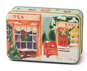 5oz holiday scented tin with holiday image. 