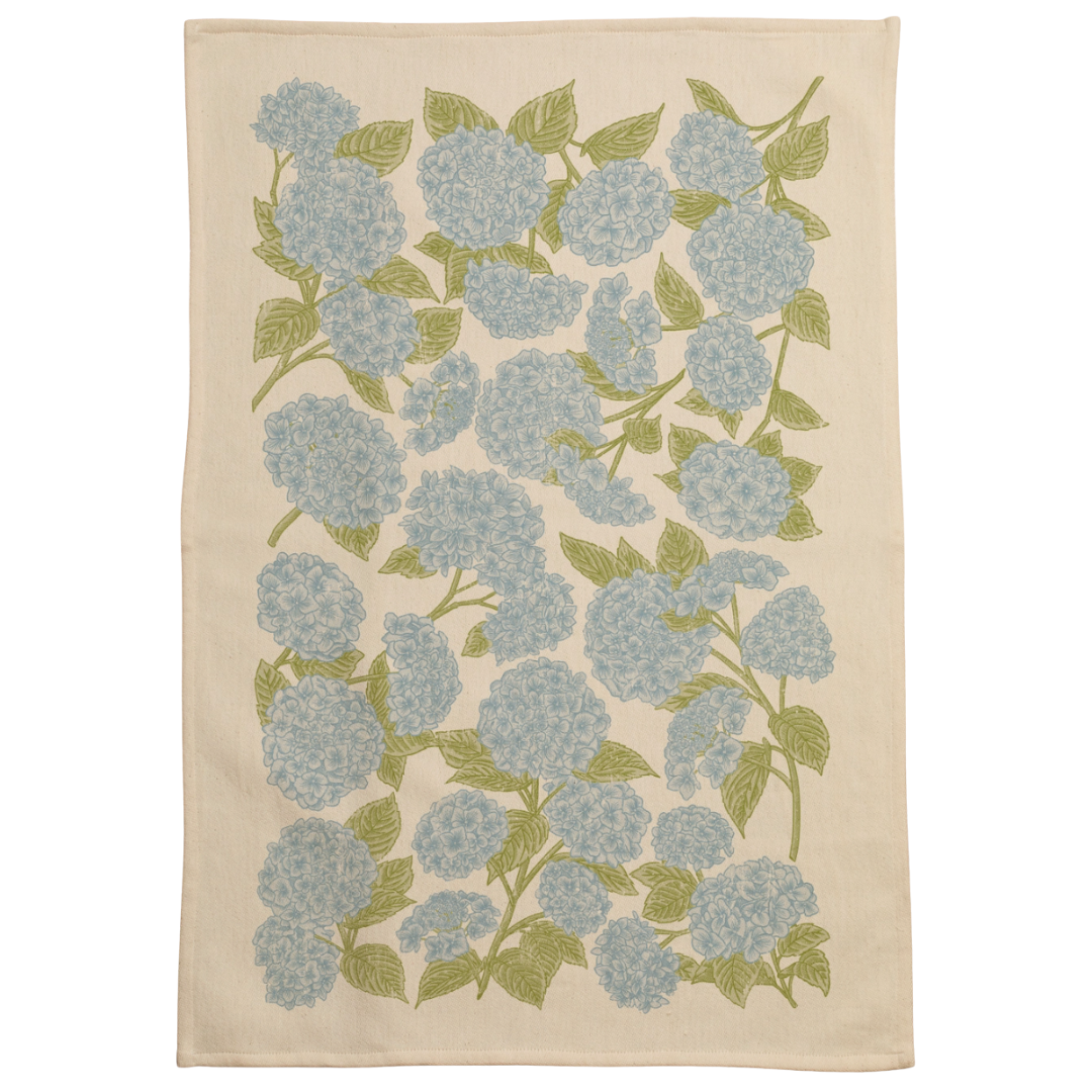 Hydrangeas screen printed on cotton kitchen towel in blue and green.