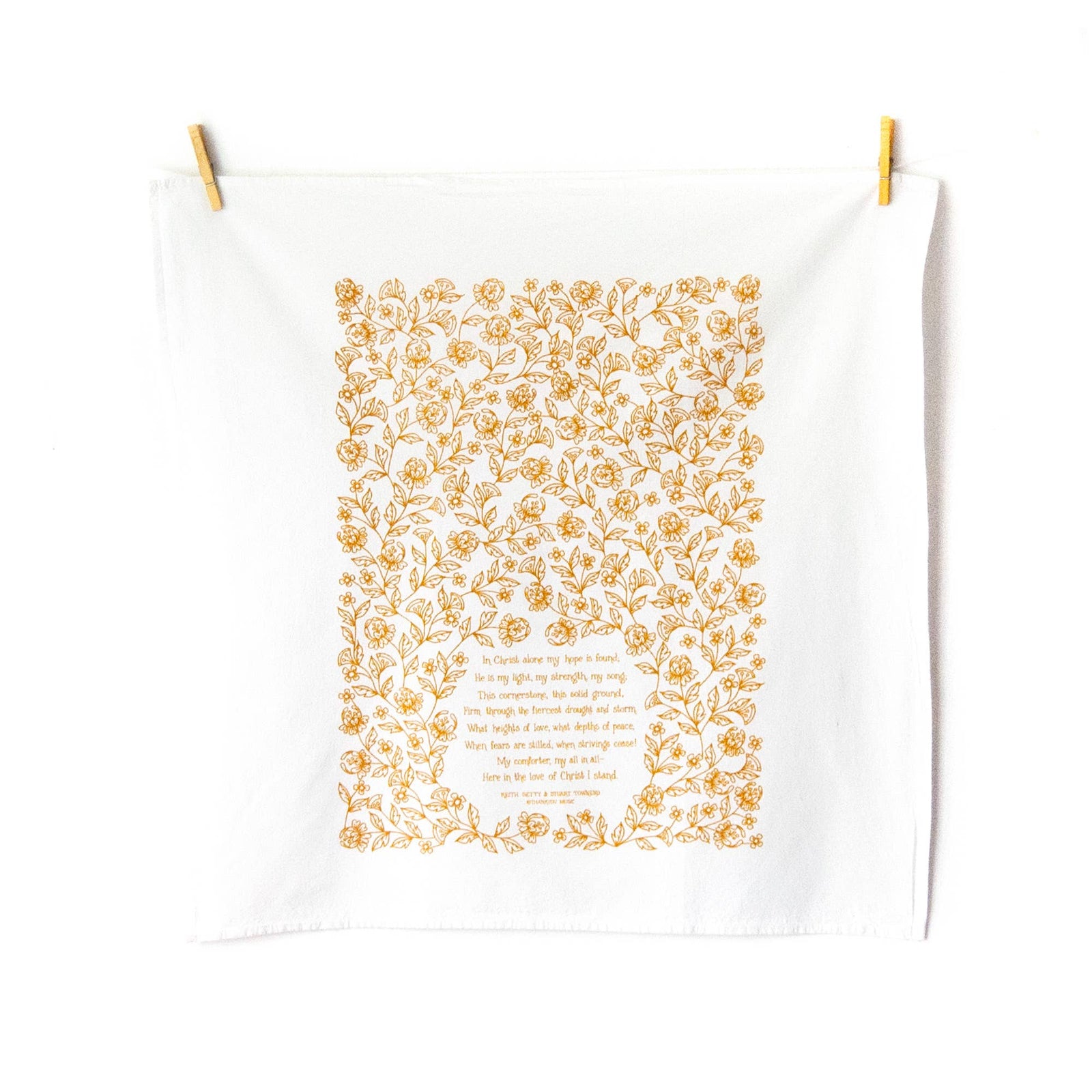 cotton kitchen towel floral design and hymn lyrics.