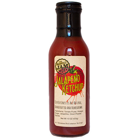 15 oz clear glass bottle of jalapeno ketchup.