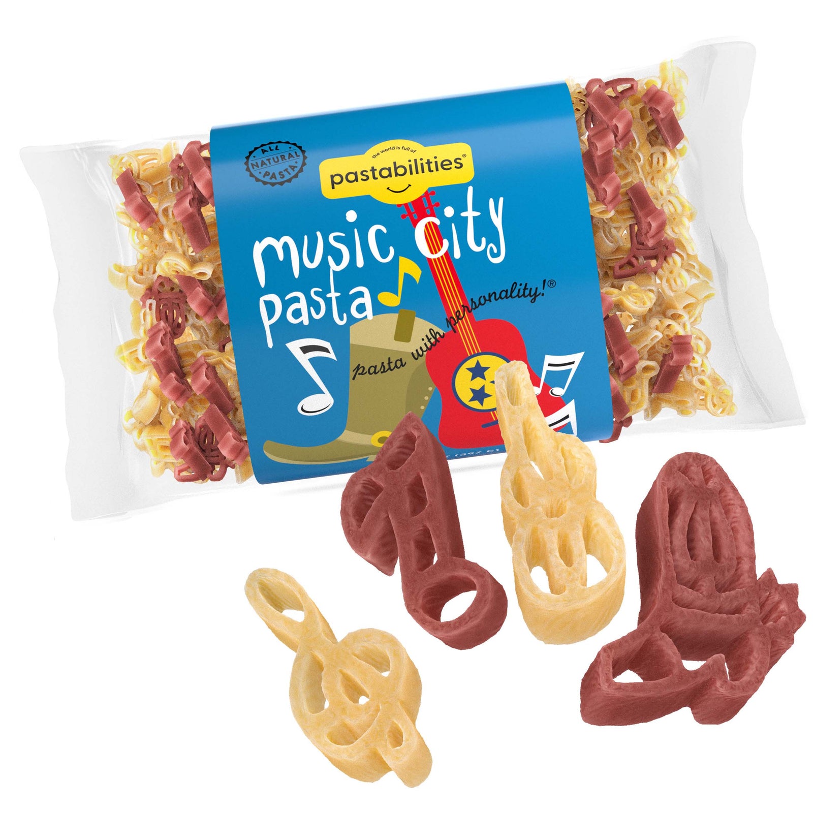 Clear bag of music city pasta in shapes like music notes, guitars, and cowboy boots. Blue label with company logo and artwork.
