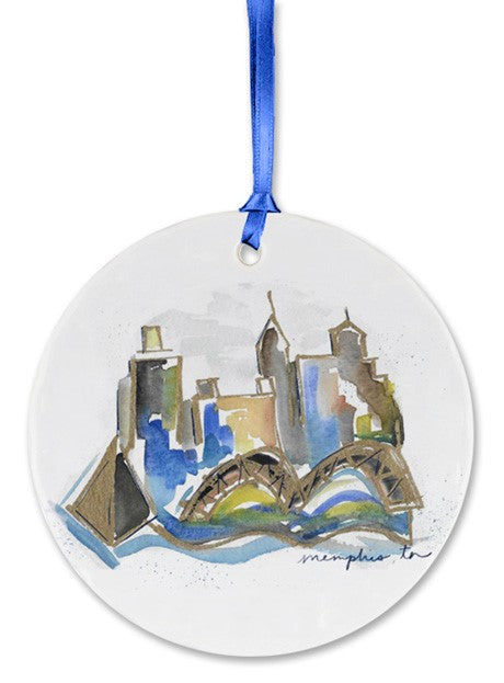 Ceramic ornament of Memphis Skyline in watercolor.