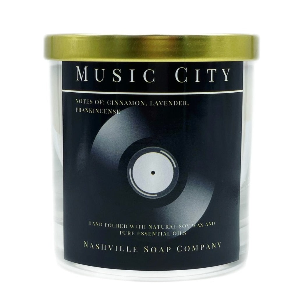 "Music City" candle from Nashville Soap Company. Mixes scents of cinnamon, lavender, and frankinesse. Glass candle.