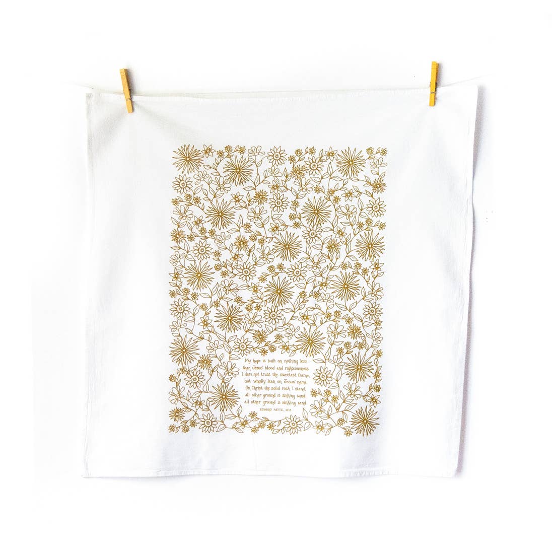 cotton kitchen towel floral design and hymn lyrics.