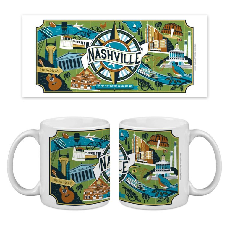 11oz white mug features iconic Nashville landmarks on green background with "Nashville" on a compass in the center. 