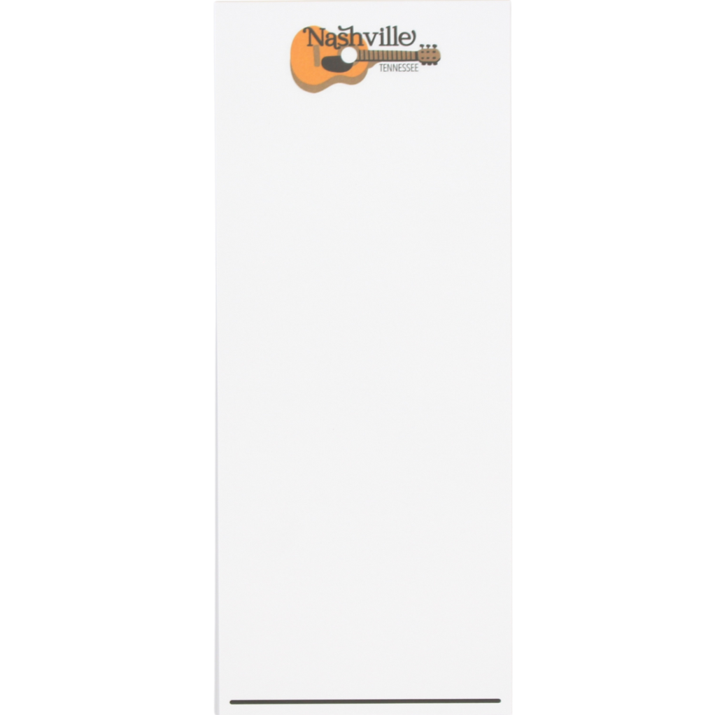 Tall and skinny white unlined "nashville tennessee" notepad with guitar at the top. 
