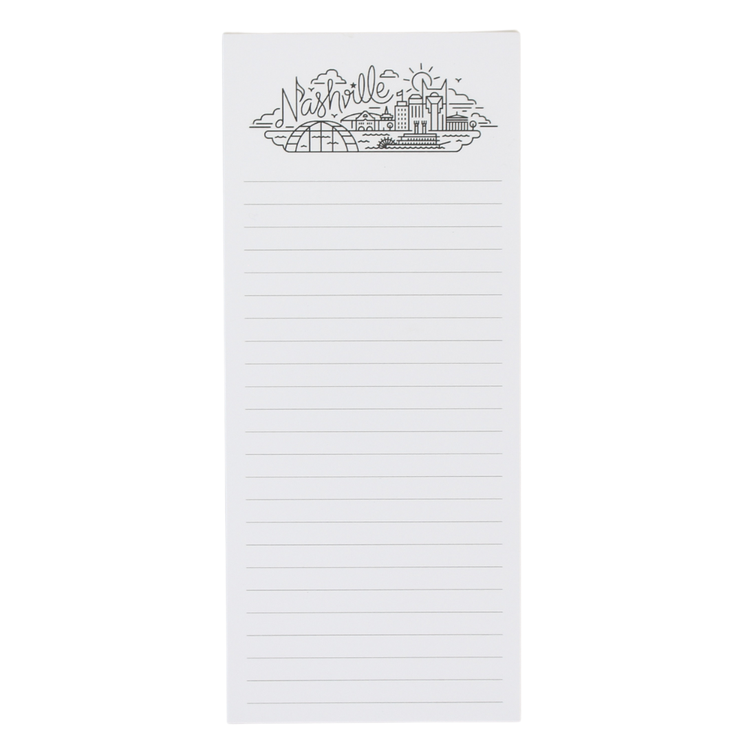 Lined notepad with line art of the Nashville Skyline.
