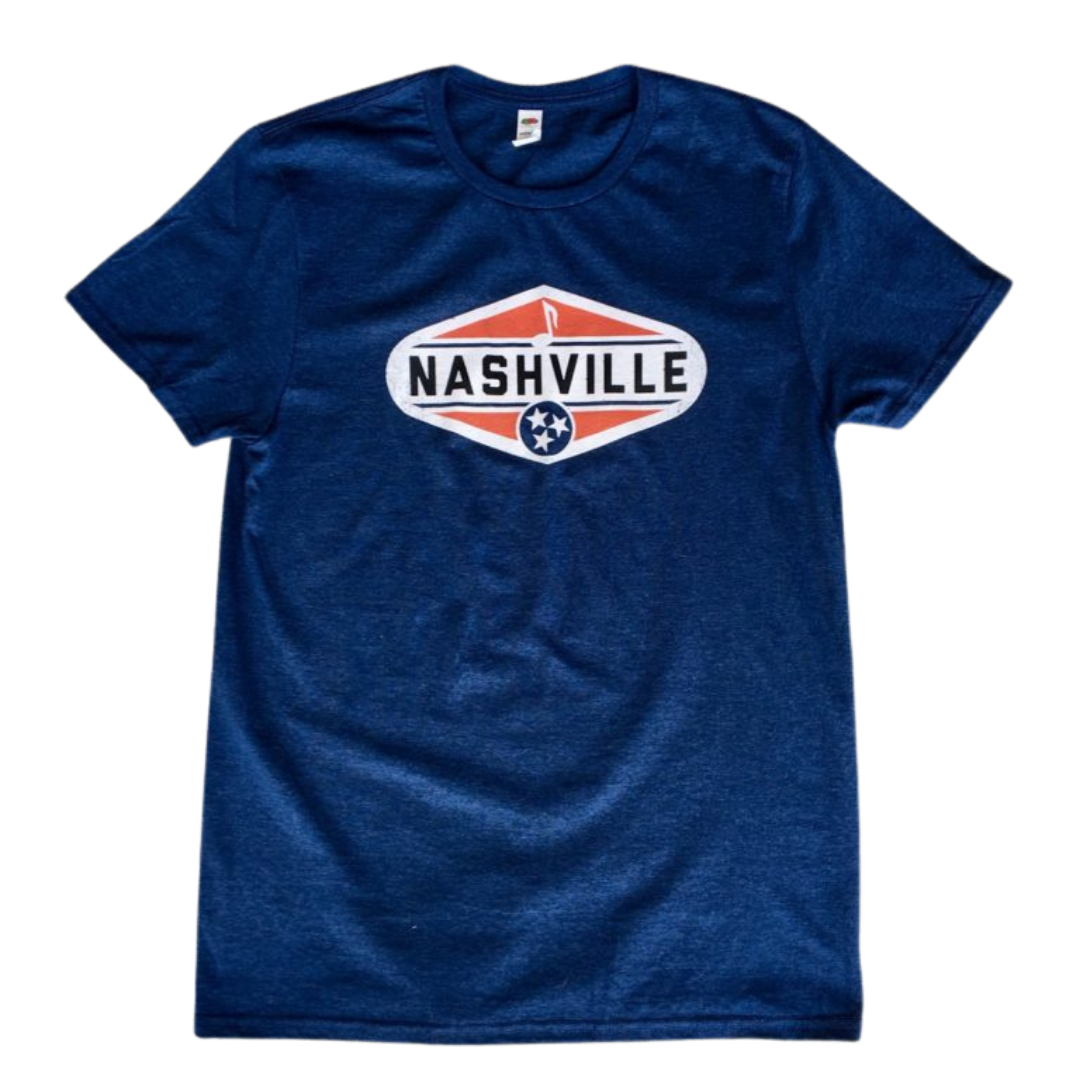 Navy shirt with "Nashville" screen-printed in red and white oval with music note and tristar.  