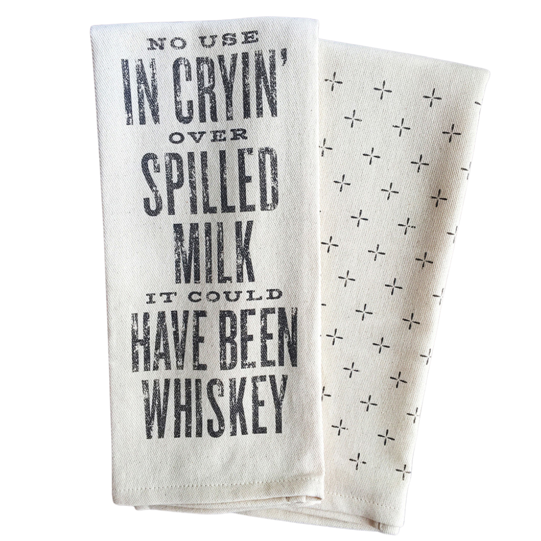 funny saying screen printed on cotton kitchen towel in black.
