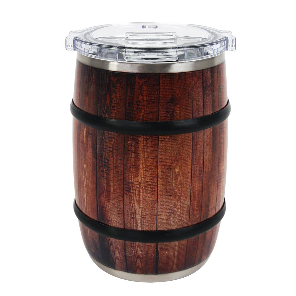 Stainless steel drink tumbler, looks like a whiskey barrel. 