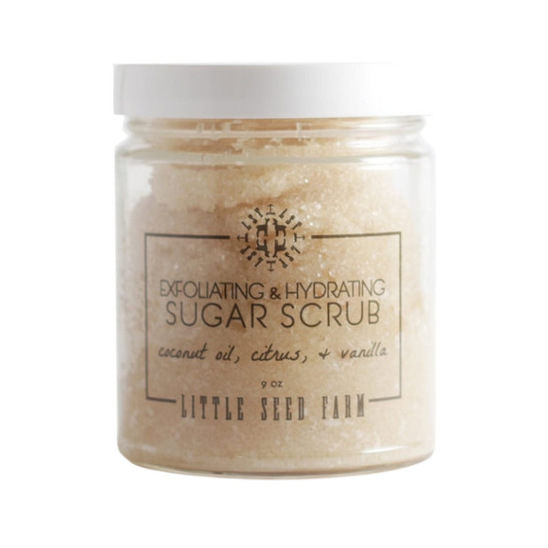 9 oz Organic Citrus Sugar body scrub in glass jar with twist top. 