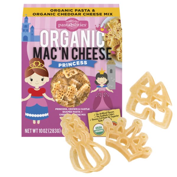 Box of princess shaped organic mac n' cheese. Colorful box.