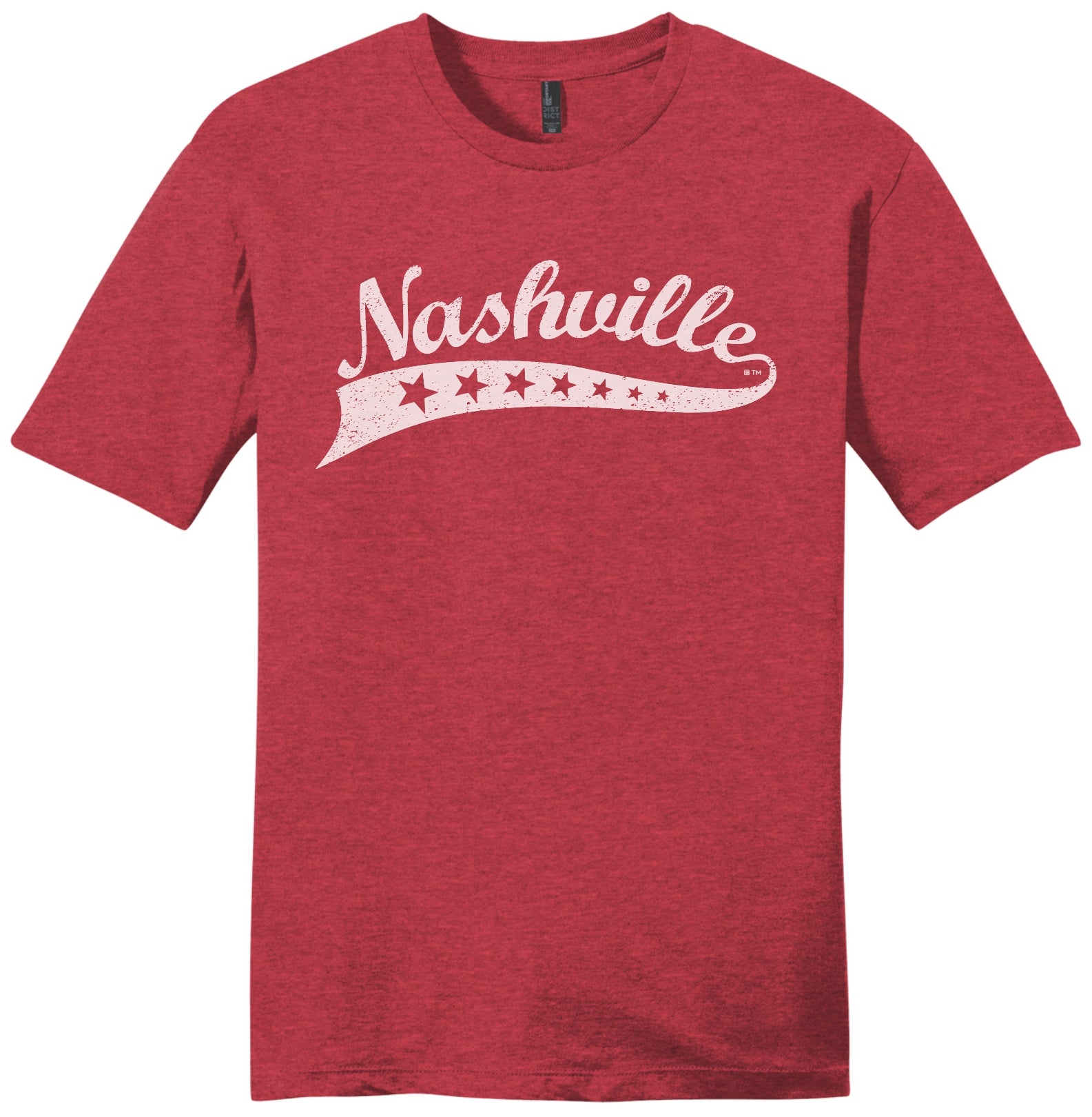 Red shirt says, "Nashville" screen-printed in white with pennant and stars.