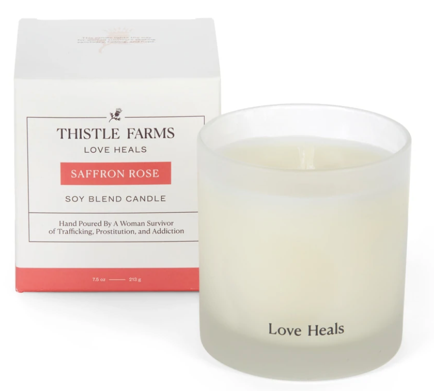 Love Heals "Saffron Rose" soy blend candle from Thistle Farms. 