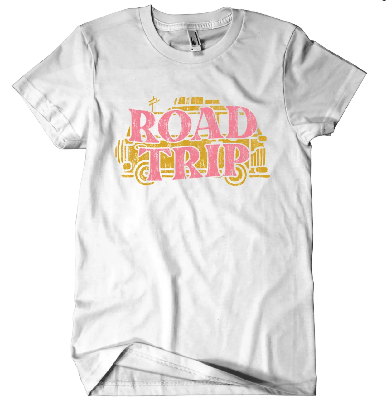 Road Trip shirt that is fun for any occasion! White t-shirt that is very soft.