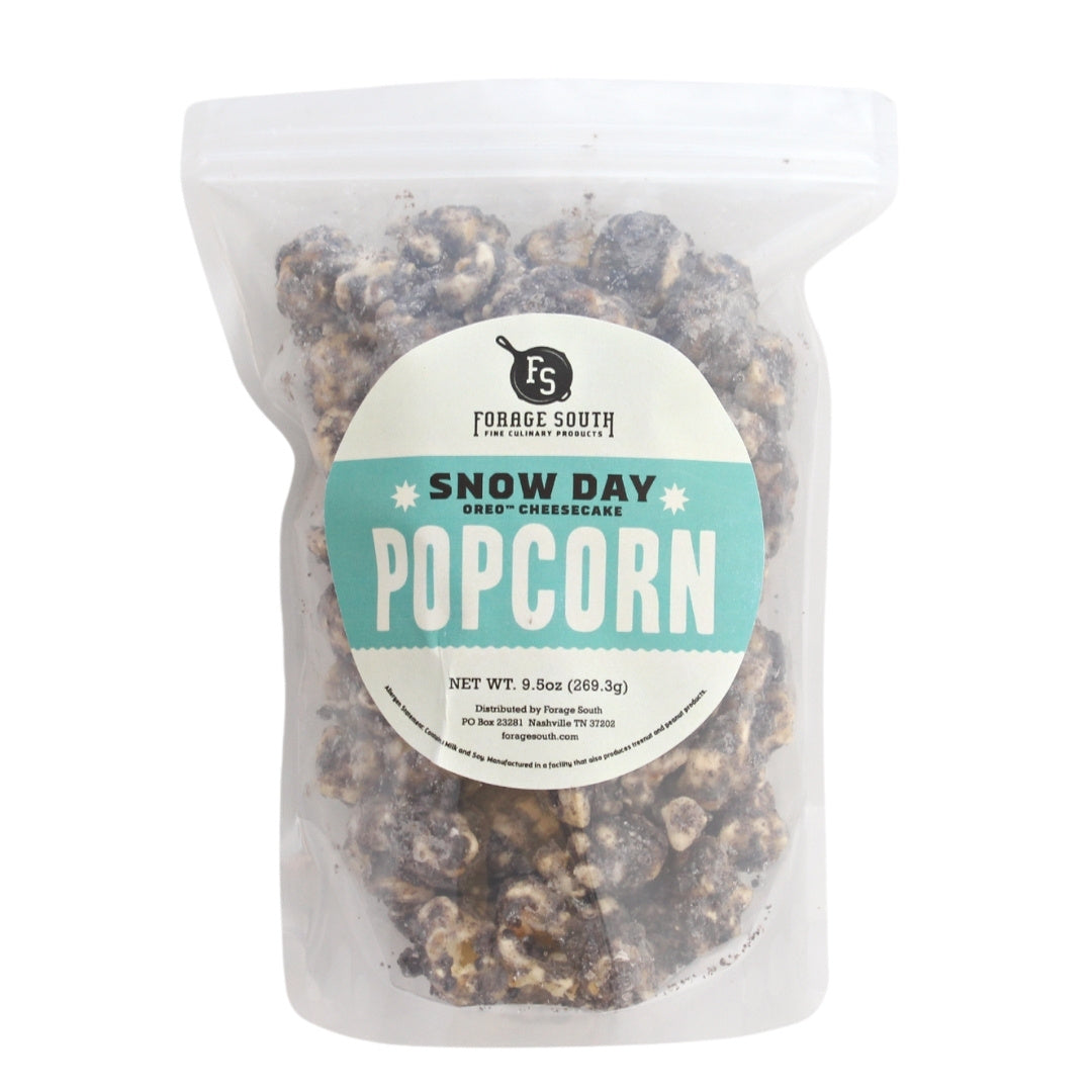 5 cups of oreo cheesecake popcorn in clear bag.