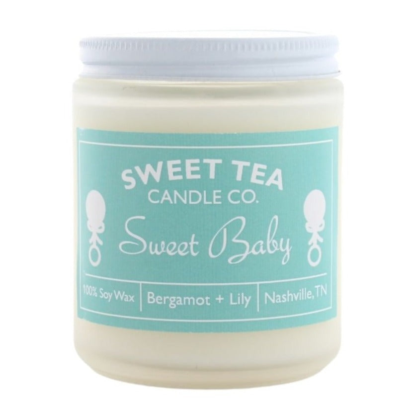 Sweet Baby scented candle for the new Mom in your life. Scents of bergamot and lily. Poured in Nashville, Tennessee by Sweet Tea Candle Company.