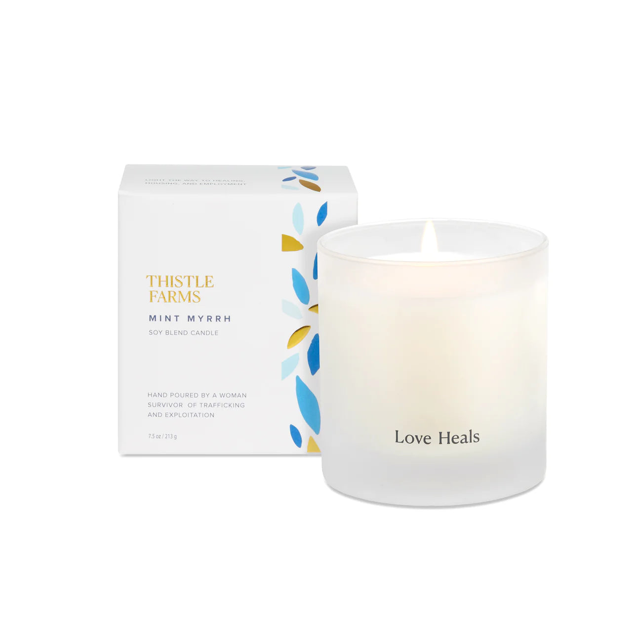 7.5 oz Mint and Myrrh candle in white frosted vessel. 