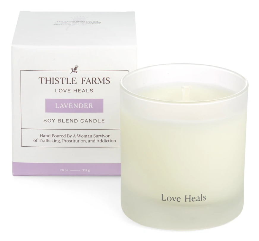 7.5 Lavender candle, soy wax blend in white frosted glass vessel. 