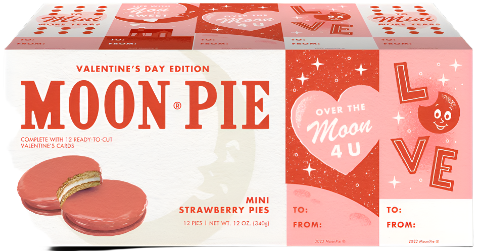 Box of 12 Mini Strawberry Moonpies pink and red packaging with Valentine designs.
