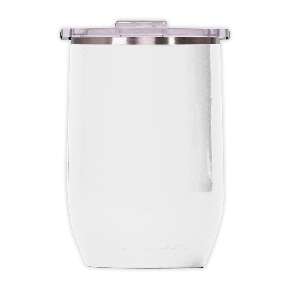 White, wine cooler tumbler that's great for camping and a night on the deck. 12 oz capacity. Plain white with a translucent lid so you can see when its time for a refill.