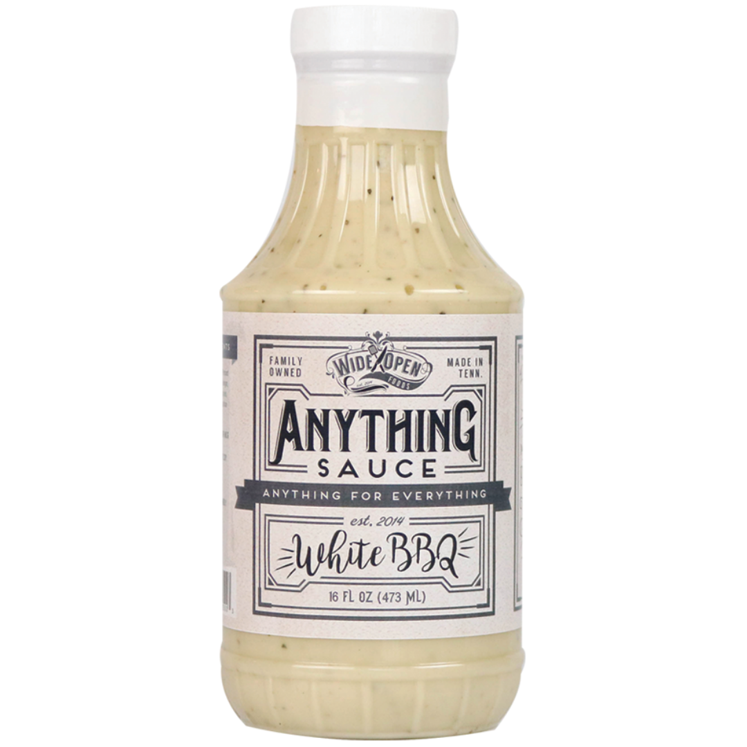16 fl oz White BBQ Anything Sauce in plastic bottle.