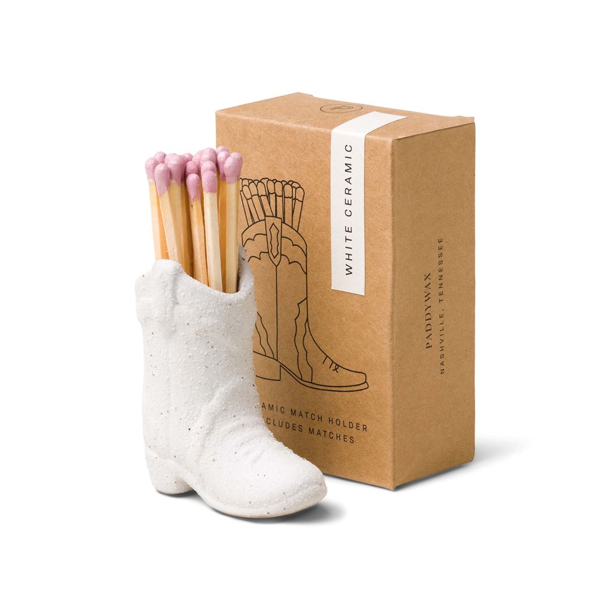 25 safety matches in white ceramic cowboy boot matchstick holder.
