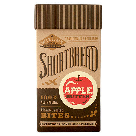 Kraft box filled with bite size apple butter shortbread cookies.