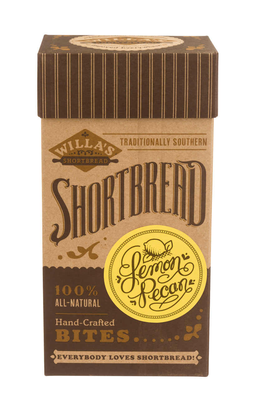 Kraft box filled with bite size lemon pecan shortbread cookies.