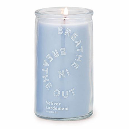 "Breathe In, Breathe Out" candle from Paddywax. Scents of vetiver cardamom. Cylinder shaped 5 oz candle for easy use and travel.
