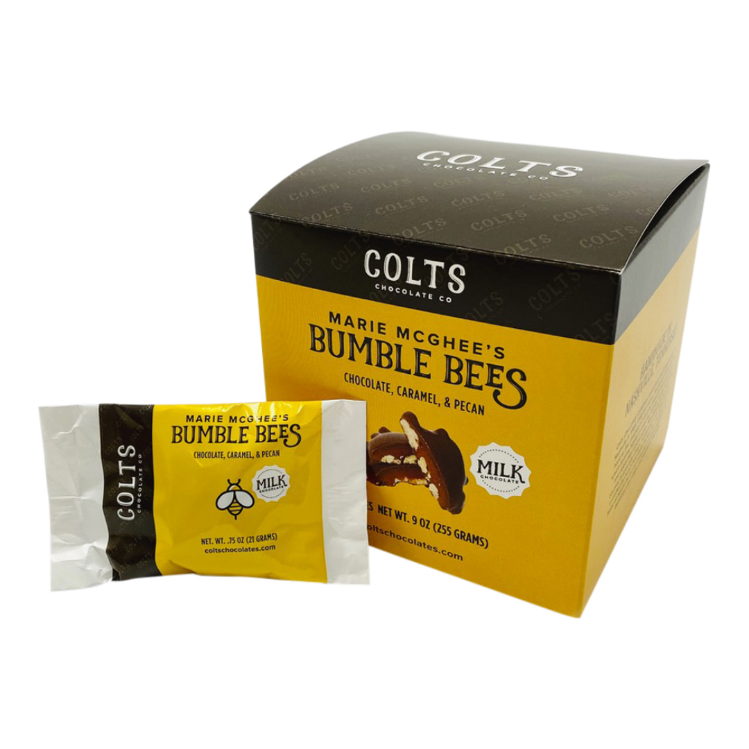 Marie McGhee's Bumble Bees 12 milk chocolate turtle candies. Chocolate Caramel Pecans.