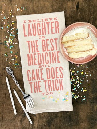 funny saying screen printed on cotton kitchen towel in pink.